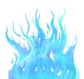 Watercolor blue gas fire on the bottom of the page. Hand drawn watercolor sketch illustration