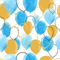 Watercolor blue and glittering gold balloons seamless pattern.