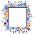 Watercolor blue and gold floral frame. Gold Blue watercolor frame! Royalty Free Stock Photo