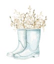 Watercolor blue gumboots with bouquet with branches and dry herbs