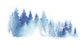 Watercolor Blue landscape of foggy forest hill. Wild nature, frozen, misty, taiga. Horizontal watercolor background Royalty Free Stock Photo