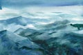 Watercolor blue landscape mountains, hand drawing