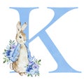 Watercolor blue letter K with Peter Rabbit