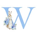 Watercolor blue letter W with Peter Rabbit