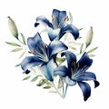 Watercolor Blue Lily Flower Design - Dark Navy And Beige Arrangement