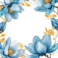 Watercolor blue magnolia design frame. Wedding seasonal flower card