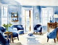 Watercolor of blue nautical living room interior design