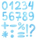 Watercolor blue numbers and math symbols set isolated on white background
