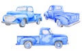 Watercolor blue old car pickup. Front view, side, back. On white background Royalty Free Stock Photo