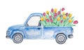Watercolor blue car with tulips Royalty Free Stock Photo