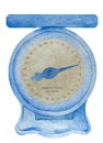 Watercolor blue vintage old weight scale for infant in pounds. Illustration of obstetric scales for baby shower