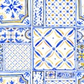 Watercolor blue ornament square seamless pattern