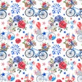 Watercolor blue patriotic bicycle print. 4th of July seamless pattern Royalty Free Stock Photo
