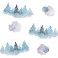 Watercolor blue pine spruce forest with watercolor splach seamless pattern on white background