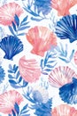 Blue and Pink Seashell Pattern on White Background Royalty Free Stock Photo