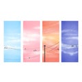 Watercolor blue and pink sky and clouds with birds on wires illustration template set. Pastel digital painting