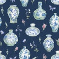 Watercolor blue porcelain Chinese vase seamless pattern, floral vintage pot texture Royalty Free Stock Photo