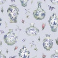 Watercolor blue porcelain Chinese vase seamless pattern, floral vintage pot texture Royalty Free Stock Photo