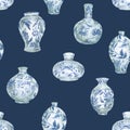 Watercolor blue porcelain Chinese vase seamless pattern, vintage pot texture Royalty Free Stock Photo