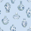 Watercolor blue porcelain Chinese vase seamless pattern, vintage pot texture Royalty Free Stock Photo