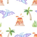 Watercolor blue pterodactyl seamless pattern on white background. Cute dinosaur