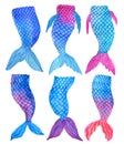 Watercolor blue and purple mermaid tails set izolated on white background. Hand painting fairy illustration.