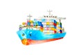 Watercolor blue and red cargo commercial ship with many colored containers on board isolated cut out on white background