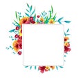 Watercolor blue, red and yellow square frame with flowers, leaves and branches.