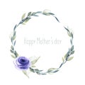 Watercolor blue rose and branches wreath, greeting card template, hand painted on a white background Royalty Free Stock Photo