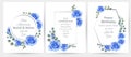 Watercolor blue rose flowers cards set collection Vector. Vintage greeting card, wedding invitation, thank you note