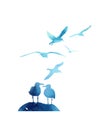 Watercolor blue seagulls on the sea. hand drawing. Not AI, Illustrat3. Vector illustration