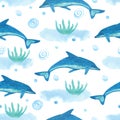 Watercolor blue seamless pattern with dolphins on white Royalty Free Stock Photo