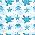 Watercolor blue seamless pattern with sea creatures turtle, starfish, jellyfish on white