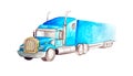 Watercolor blue semi-trailer truck as a tractor unit and semi-trailer to carry freight