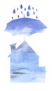 Watercolor blue silhouettes of umbrella protecting house from rain drops above. Hand drawn illustration of protection of