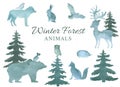 Watercolor blue silhouettes of wild forest animals and pine trees. Hand drawn wildlife illustration
