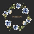 Watercolor blue spotted orchids wreath, hand painted on a dark background Royalty Free Stock Photo