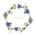 Watercolor blue spotted orchids wreath, hand painted on a white background