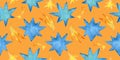 Watercolor blue stars with yellow comets, seamless pattern, banner on a bright orange background
