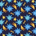 Watercolor blue stars with yellow comets, seamless pattern, banner on dark blue background