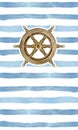 Watercolor blue stripes with old wooden steering wheel. Nautical marine background for card and invitation Royalty Free Stock Photo