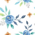 Watercolor Blue Summer Berries Flowers Leaves Leaf Seamless Pattern Royalty Free Stock Photo