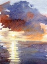 Watercolor blue sunset dawn sun rays gentle color juicy texture illustration landscape reflection shining clouds sky