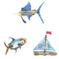 Watercolor blue swordfish, tuna fish and fishing boat