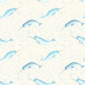 Watercolor blue teal narwhals seamless pattern background