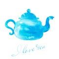 Watercolor blue teapot illustration. Cafe and tea bar picture.