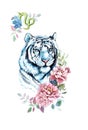 Watercolor blue tiger with flowers. Zodiac sign Capricorn.