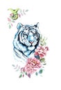 Watercolor blue tiger with flowers. Zodiac sign Taurus. Royalty Free Stock Photo