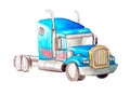 Watercolor blue tractor monster truck without a body with a pattern of fire on the side. Transformer. Isolated on a white