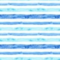 Watercolor blue stripe seamless pattern. Summer hand painted background with stripes. Nautical marine print